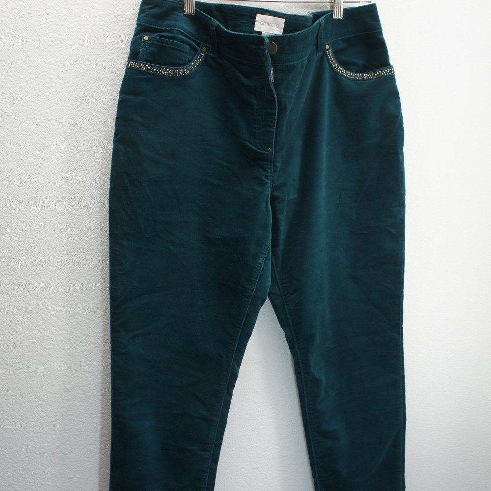 Chicos Women's Velvet Pants Embellished Emarld Green size 2.5